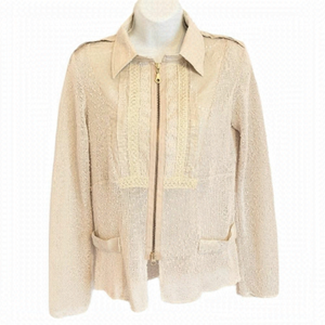 BOHO Style Zip Front Textured Beige Shirt Top Lace Decor Small @V